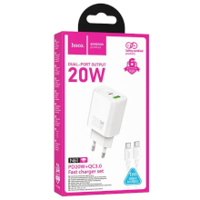 CARICABATTERIA USB-A + USB-C HOCO N61 + CAVO TYPE-C TYPE-C PD QC 20W BIANCO