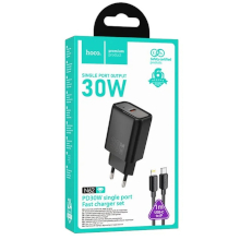 CARICABATTERIA USB-C HOCO N62 + CAVO TYPE-C LIGHTNING PD QC 30W NERO